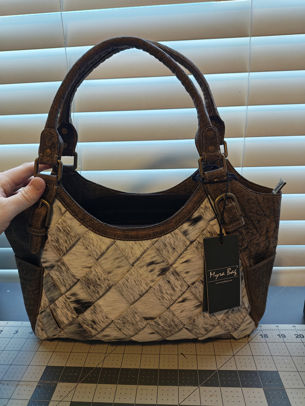 Myra Bag Brown and Cream Woven Leather Tote with Braided Panels